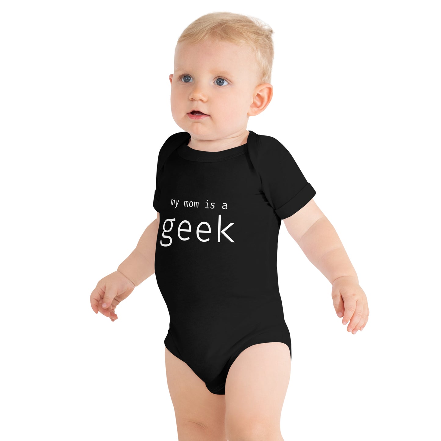 My mom is a geek - White Text - Baby short sleeve one piece