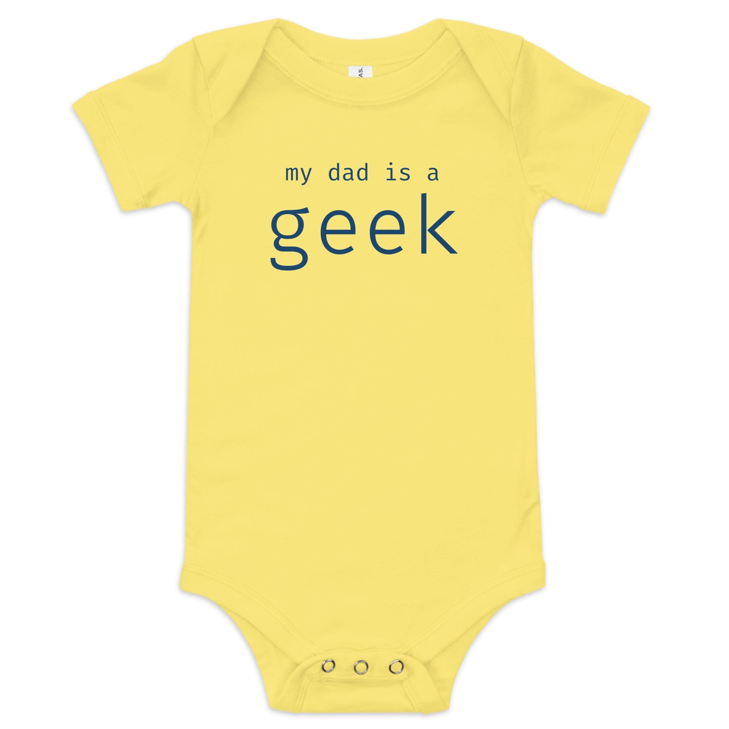 My dad is a geek - Blue Text - Baby short sleeve one piece
