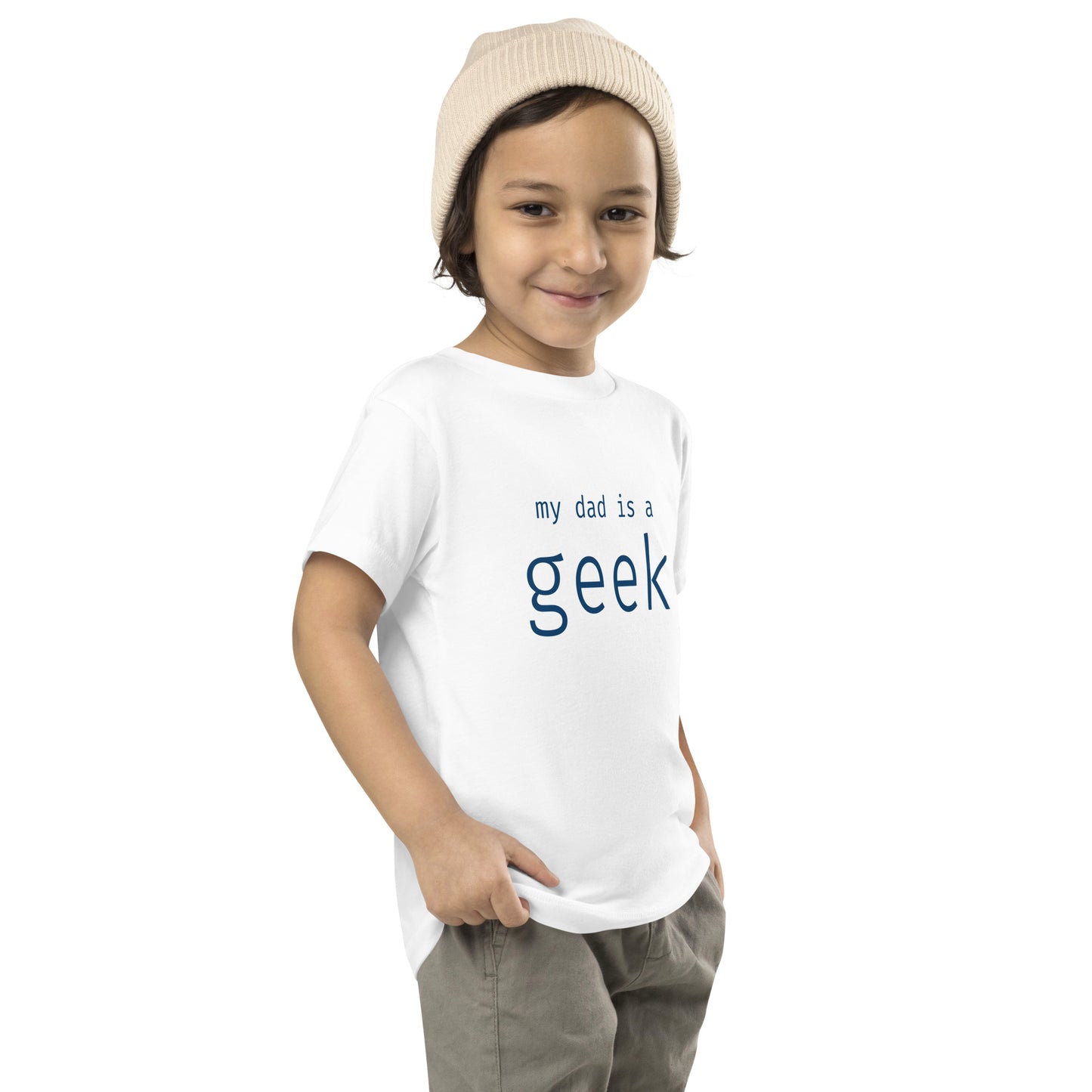 My dad is a geek - Blue Text - Toddler Short Sleeve Tee